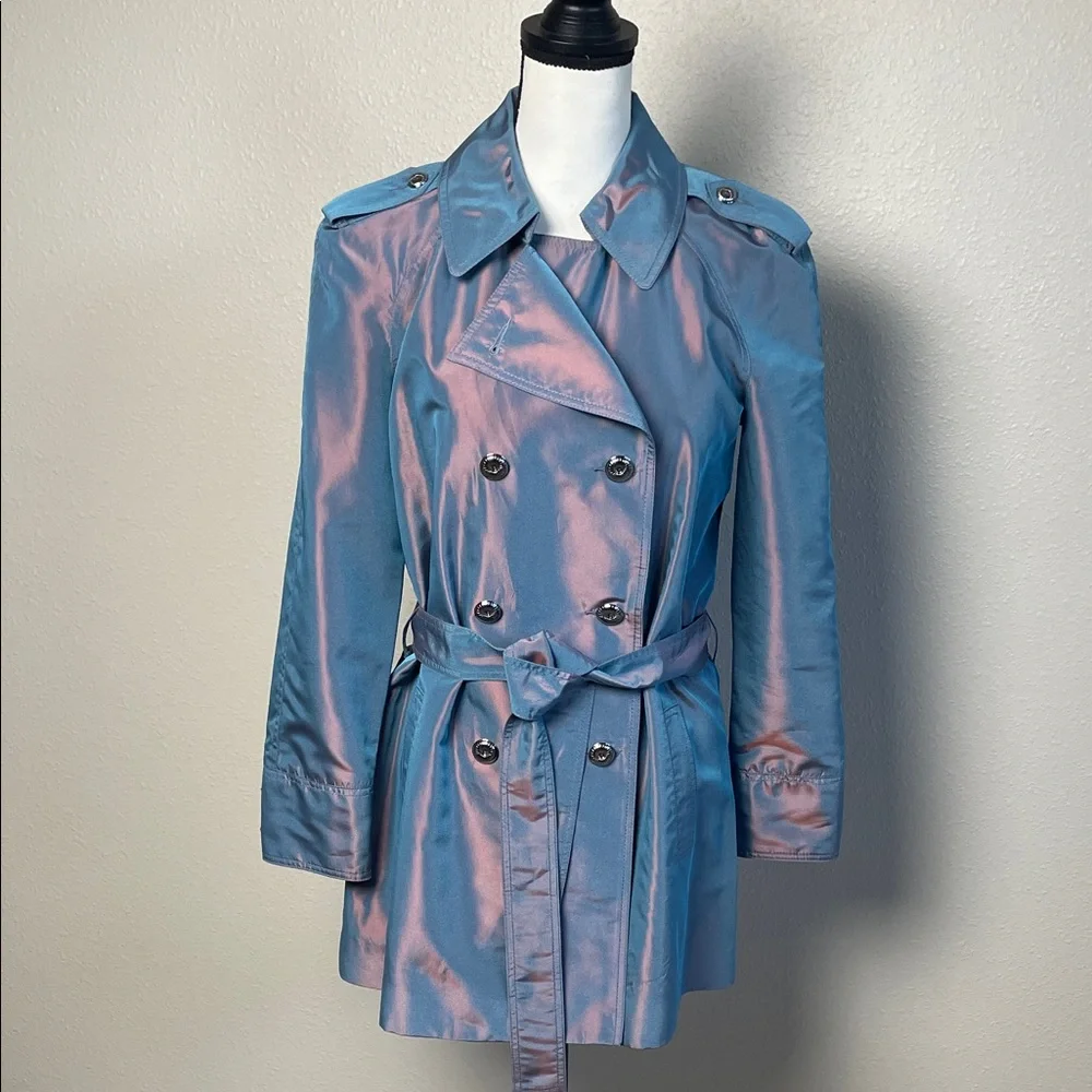 ST. JOHN trench coat Women's Iridescent Jacket - Pink and Blue belted lined